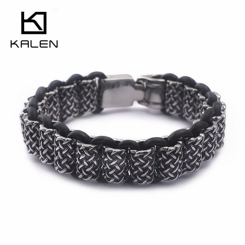 Men Accessories Ring And Bracelet - Мужской кожаный браслет KALEN, черный прямоугольный